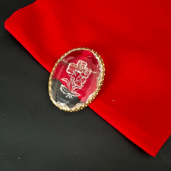 Vintage Glass Intaglio Circle Brooch Floral Pin Flower Brooch Jewelry - Picture 4 of 8